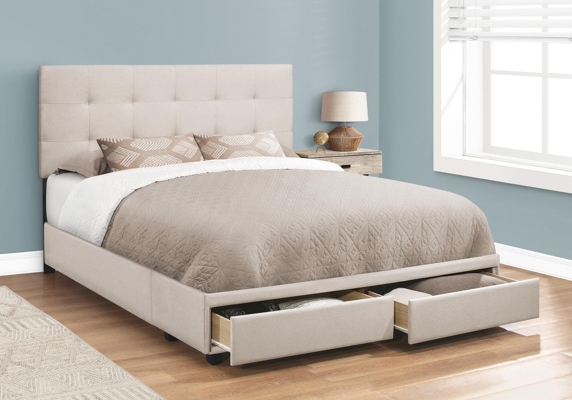 Bed - Queen Size, Beige Linen With 2 Storage Drawers